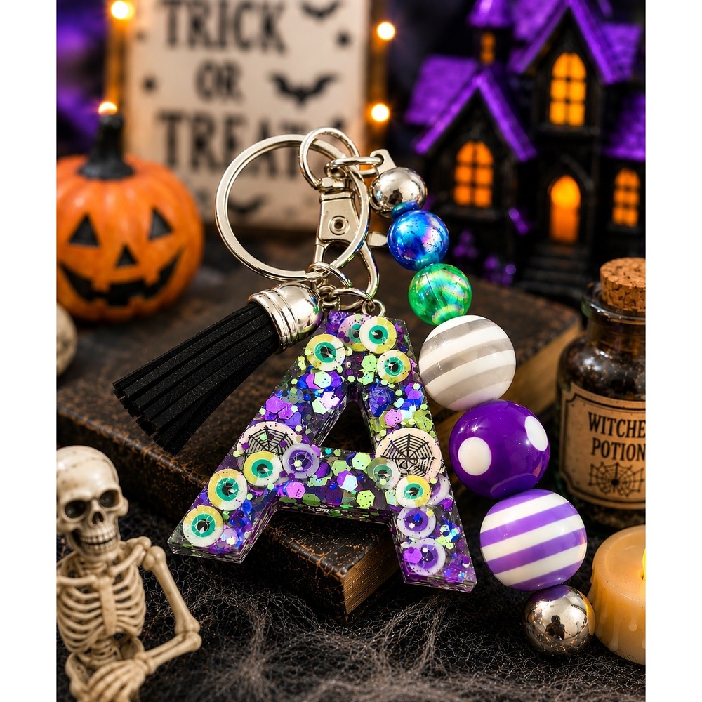 Halloween Resin Initial Keychain Purple Glitter Eyeball Beaded Tassel Charm